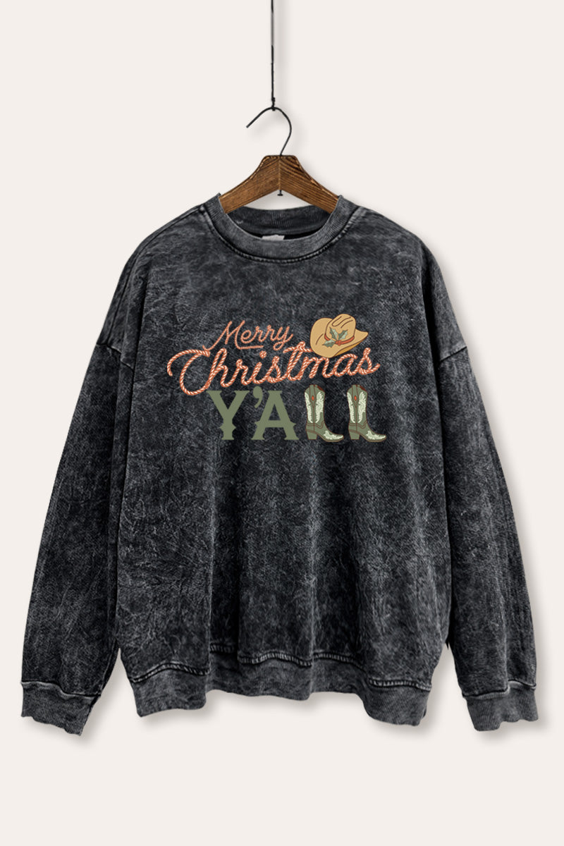 "merry christmas y'all" mineral wash western graphic sweatshirt