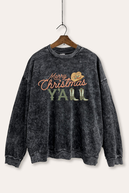 Merry Christmas Y'all Western Graphic Mineral Wash Sweatshirt