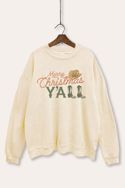 Merry Christmas Y'all Western Graphic Mineral Wash Sweatshirt