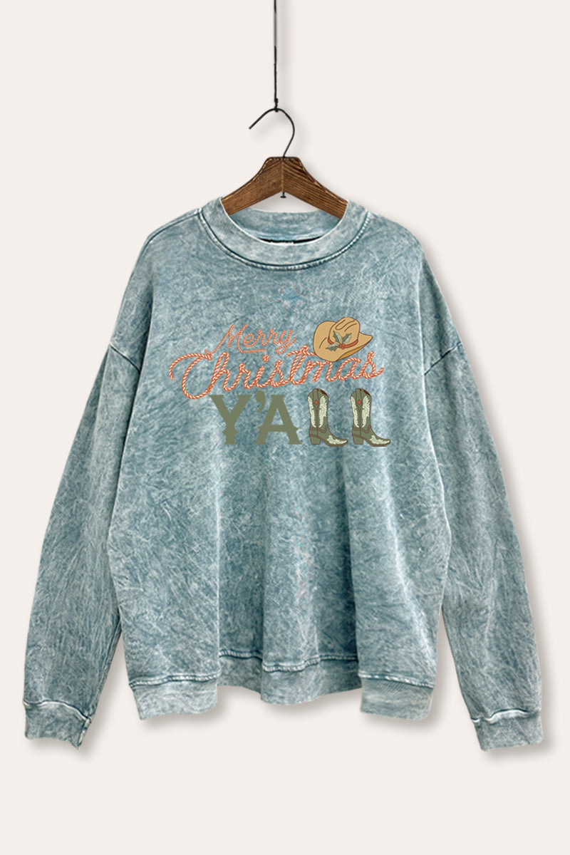 "merry christmas y'all" mineral wash western graphic sweatshirt