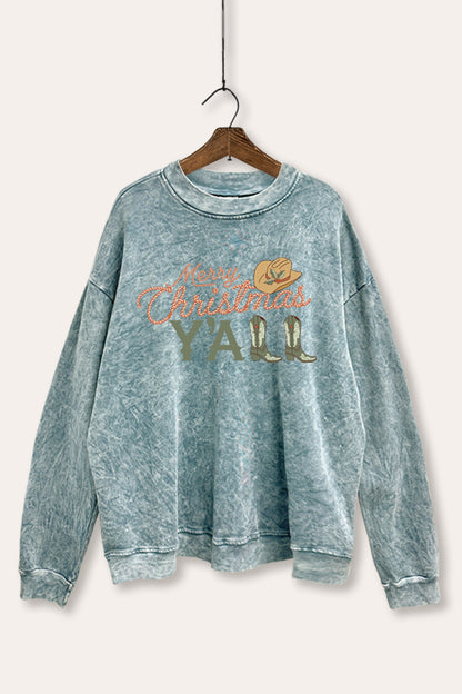 Merry Christmas Y'all Western Graphic Mineral Wash Sweatshirt