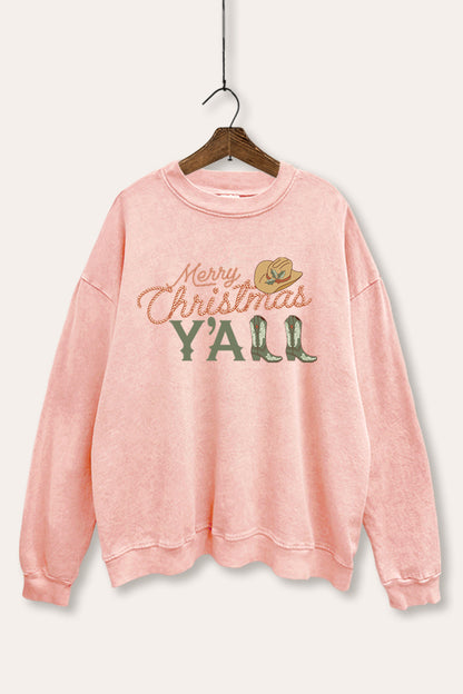 Merry Christmas Y'all Western Graphic Mineral Wash Sweatshirt