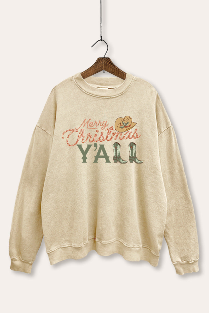 "merry christmas y'all" mineral wash western graphic sweatshirt
