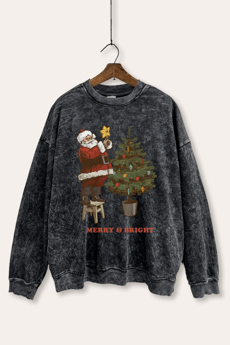 santa decorating christmas tree mineral wash graphic sweatshirt