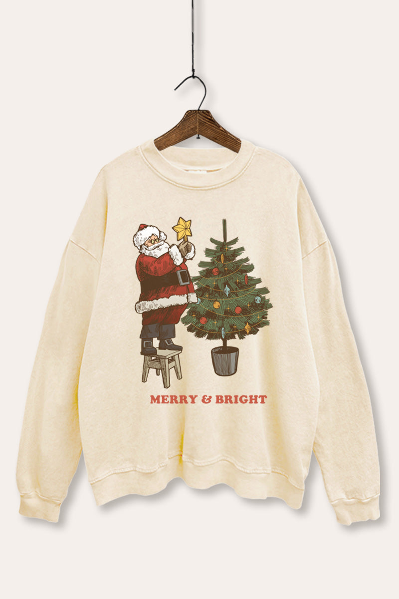 santa decorating christmas tree mineral wash graphic sweatshirt