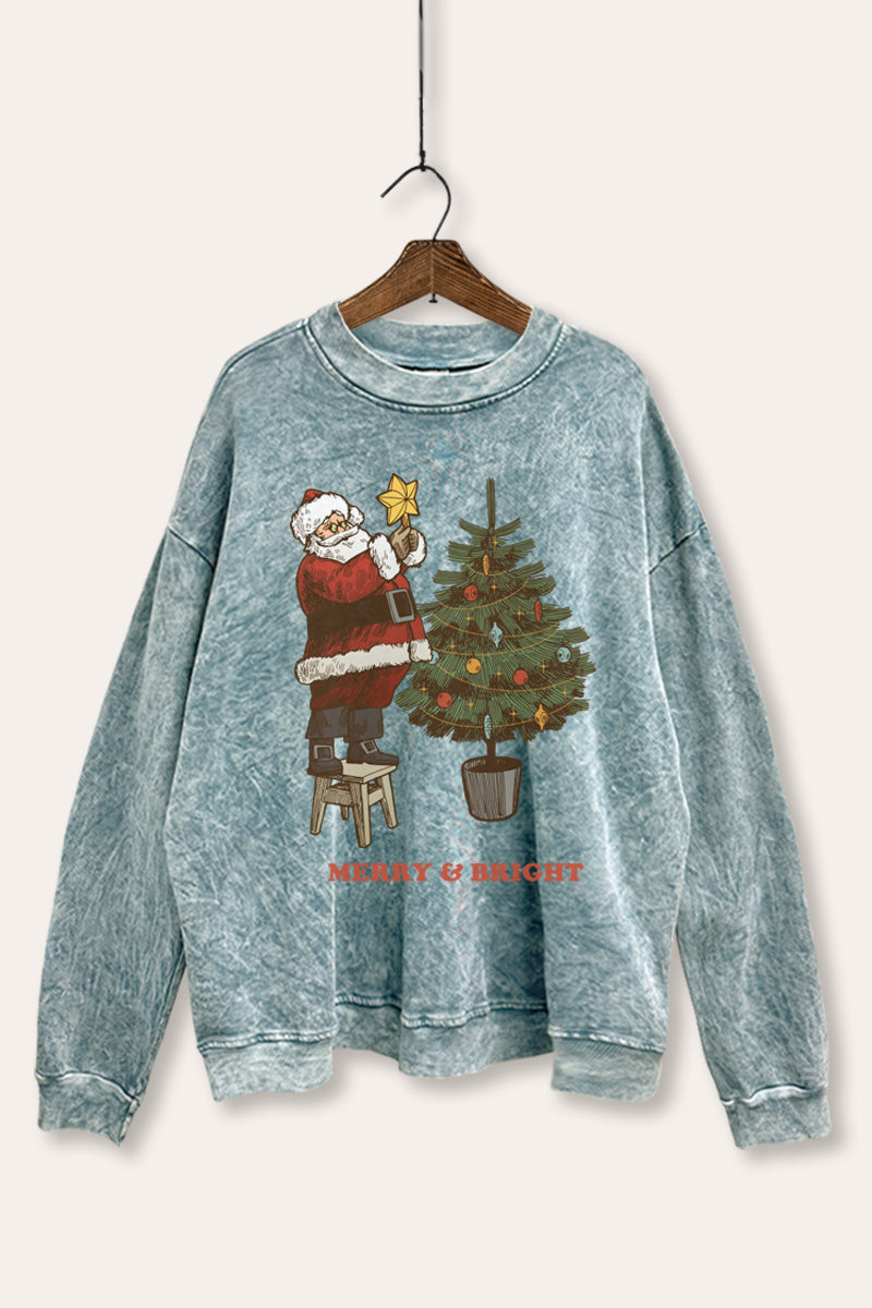 Santa & Christmas Tree Graphic Mineral Wash Sweatshirt