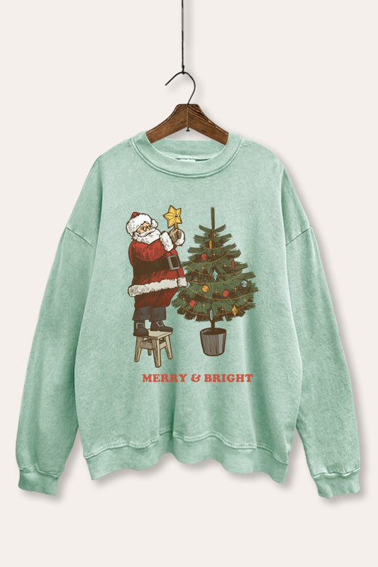 santa decorating christmas tree mineral wash graphic sweatshirt