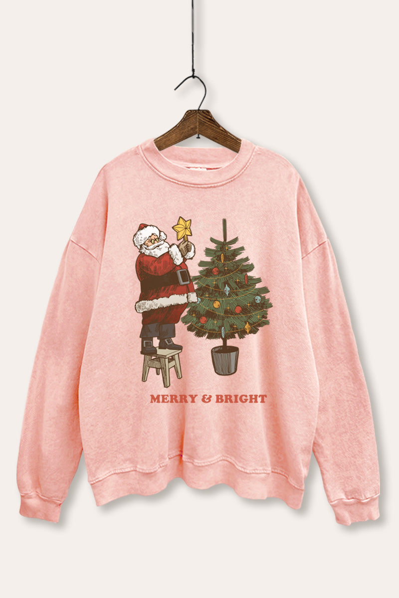 santa decorating christmas tree mineral wash graphic sweatshirt