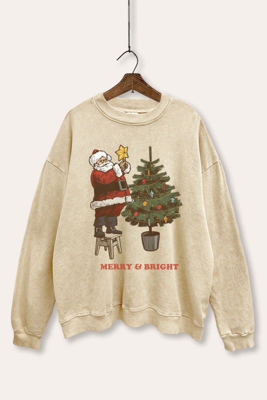 santa decorating christmas tree mineral wash graphic sweatshirt