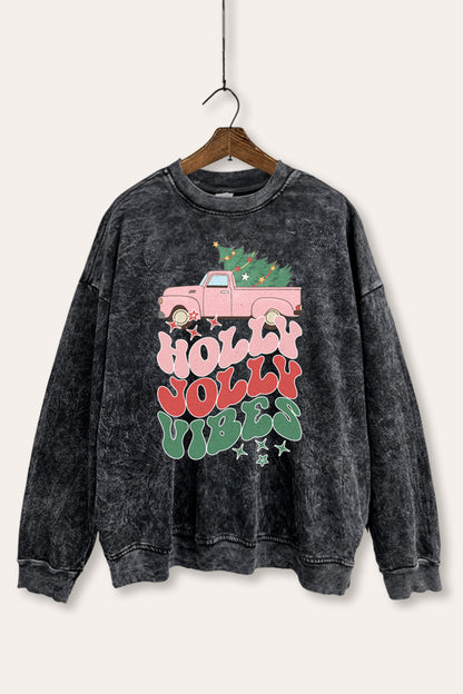 Holly Jolly Vibes Graphic Mineral Wash Sweatshirt