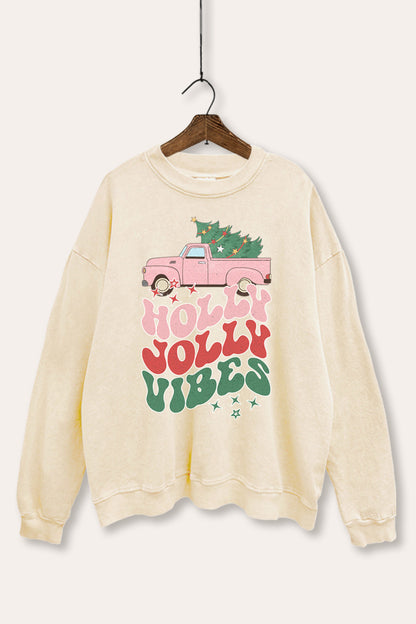 Holly Jolly Vibes Graphic Mineral Wash Sweatshirt