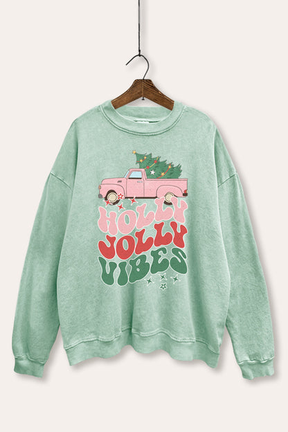 Holly Jolly Vibes Graphic Mineral Wash Sweatshirt
