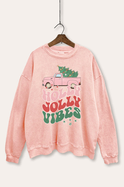 Holly Jolly Vibes Graphic Mineral Wash Sweatshirt