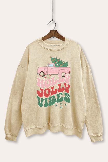 Holly Jolly Vibes Graphic Mineral Wash Sweatshirt