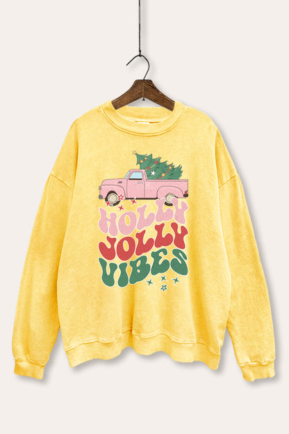 Holly Jolly Vibes Graphic Mineral Wash Sweatshirt