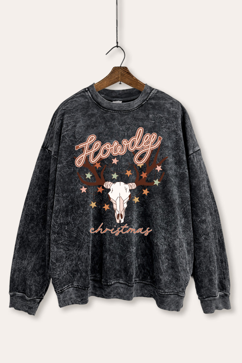 "howdy christmas" cow skull mineral wash sweatshirt