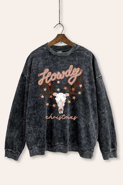 Howdy Christmas Skull Graphic Mineral Wash Sweatshirt