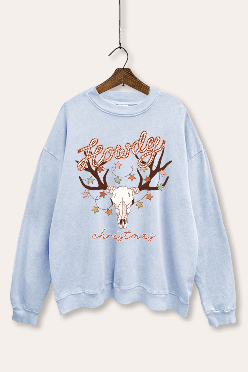"howdy christmas" cow skull mineral wash sweatshirt