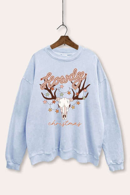 Howdy Christmas Skull Graphic Mineral Wash Sweatshirt