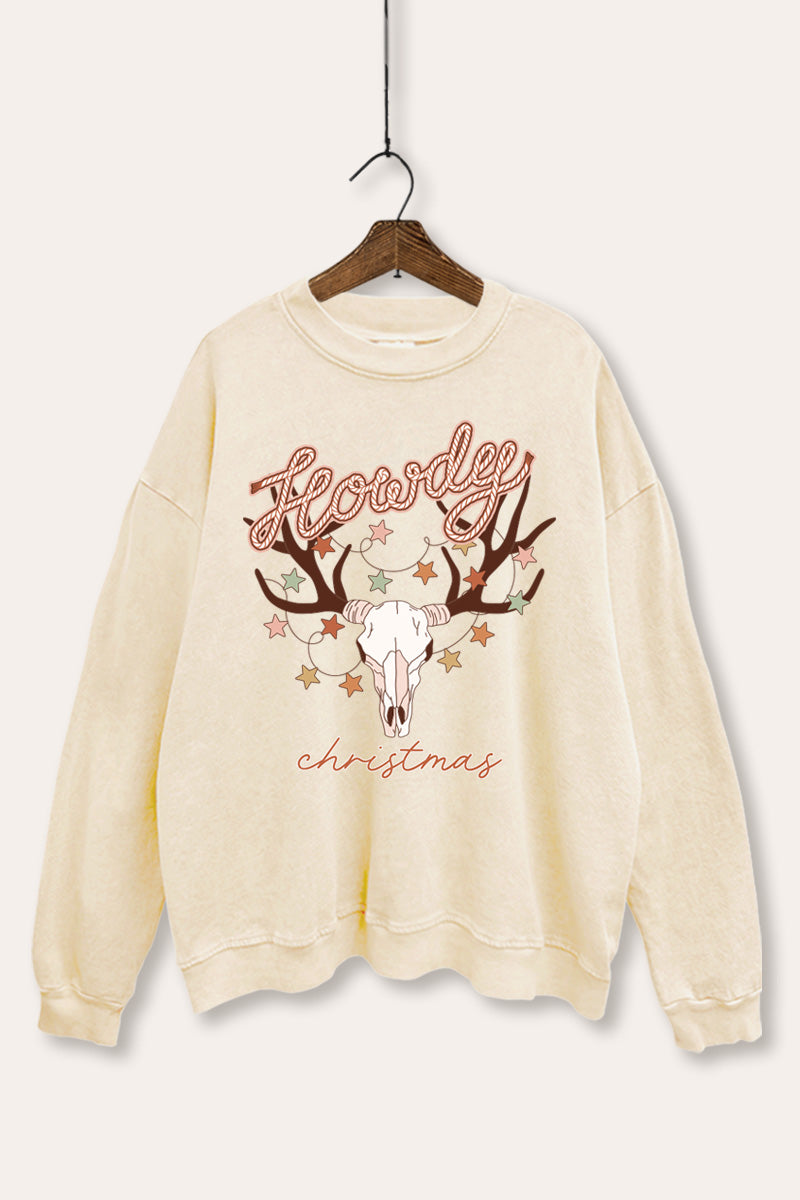 "howdy christmas" cow skull mineral wash sweatshirt
