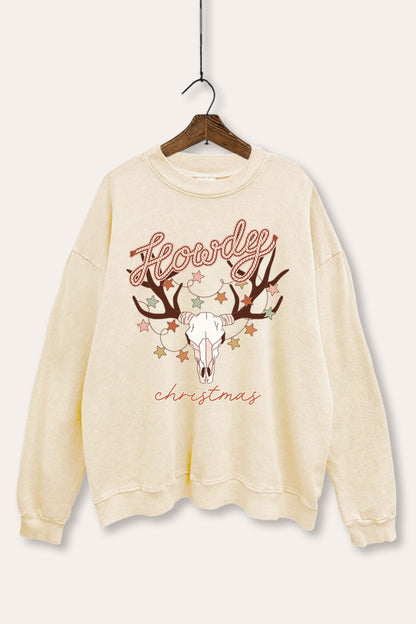 Howdy Christmas Skull Graphic Mineral Wash Sweatshirt