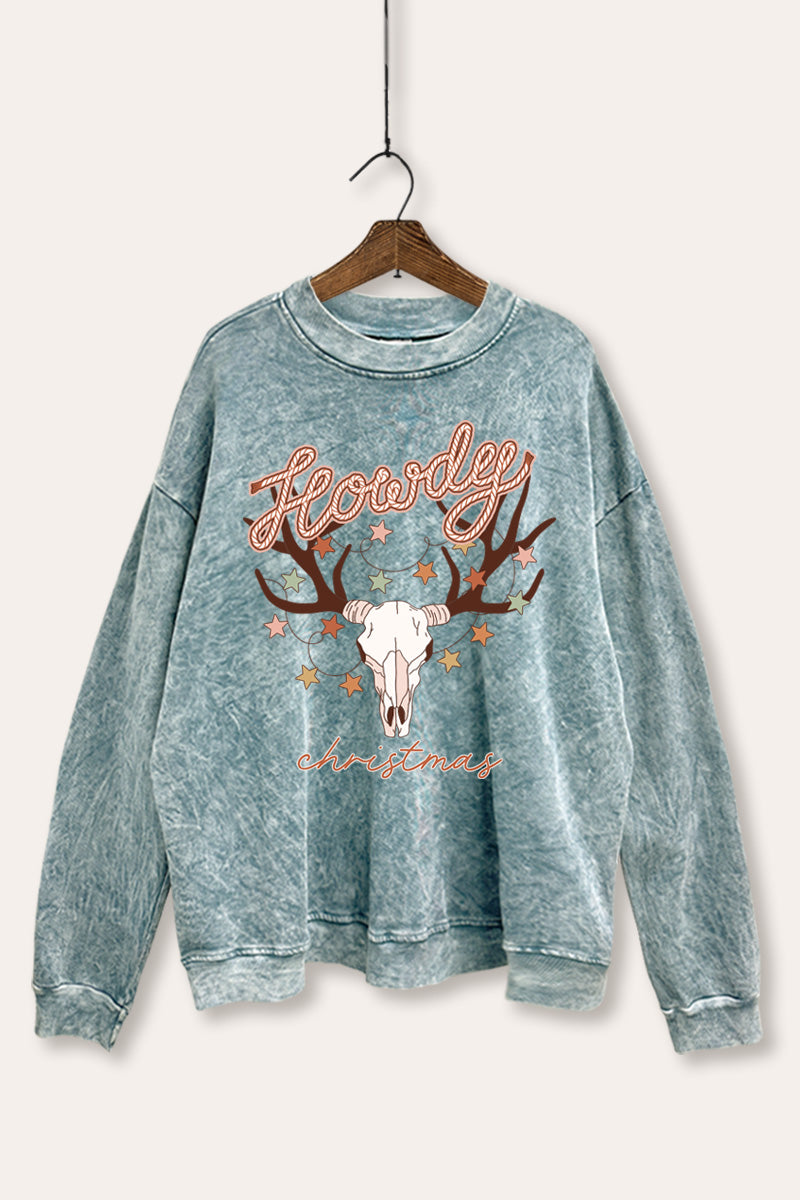 "howdy christmas" cow skull mineral wash sweatshirt