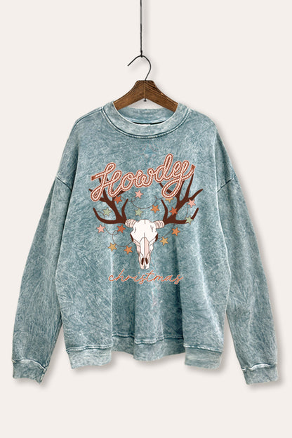 Howdy Christmas Skull Graphic Mineral Wash Sweatshirt