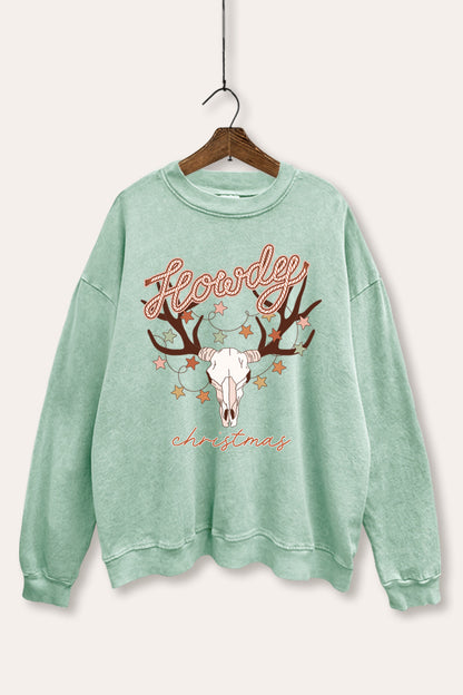 Howdy Christmas Skull Graphic Mineral Wash Sweatshirt
