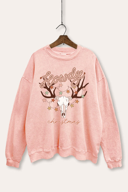 Howdy Christmas Skull Graphic Mineral Wash Sweatshirt