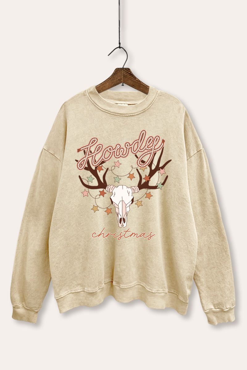 "howdy christmas" cow skull mineral wash sweatshirt