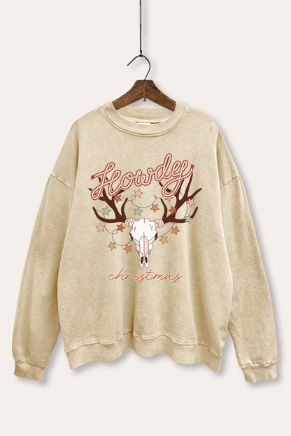 Howdy Christmas Skull Graphic Mineral Wash Sweatshirt
