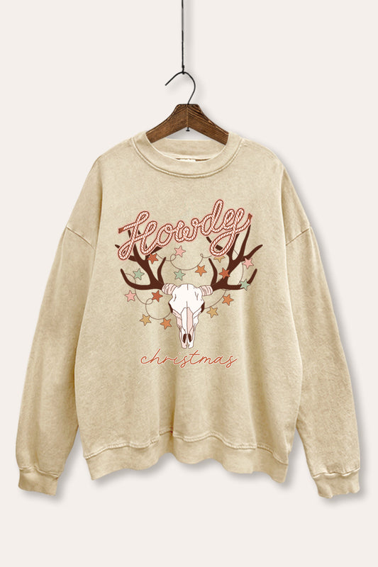 "howdy christmas" cow skull mineral wash sweatshirt