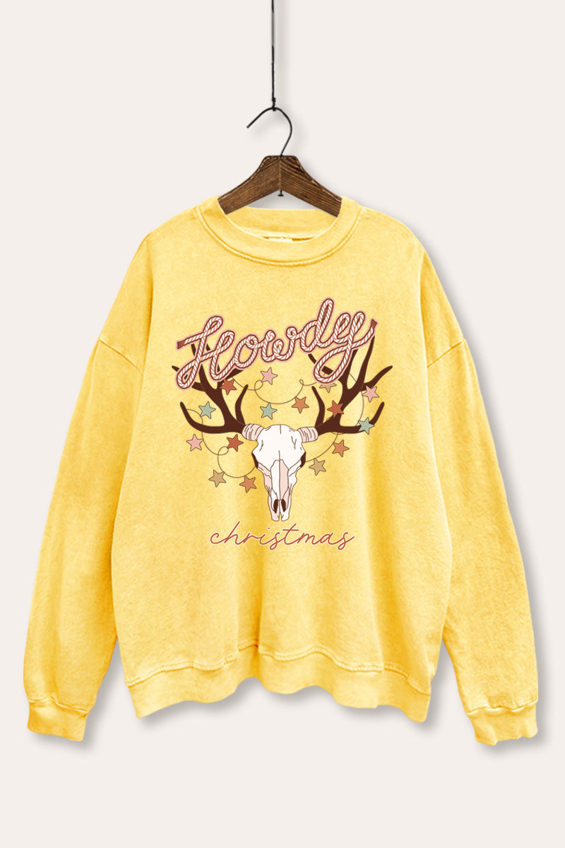 "howdy christmas" cow skull mineral wash sweatshirt