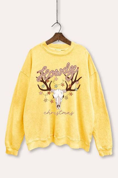 Howdy Christmas Skull Graphic Mineral Wash Sweatshirt