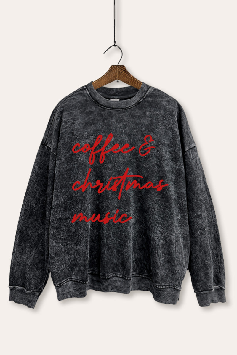 Coffee & Christmas Music Graphic Mineral Wash Sweatshirt