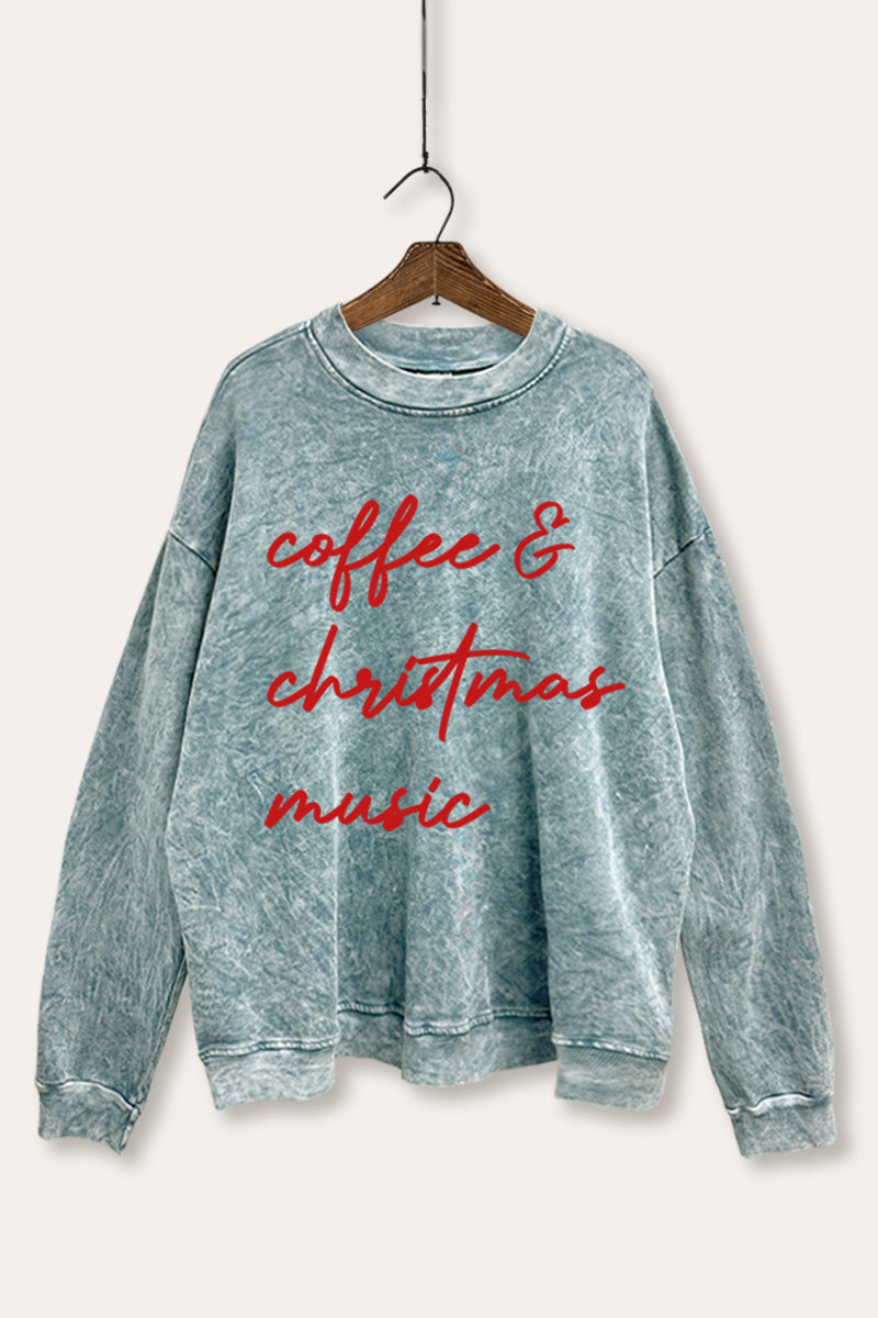 Coffee & Christmas Music Graphic Mineral Wash Sweatshirt