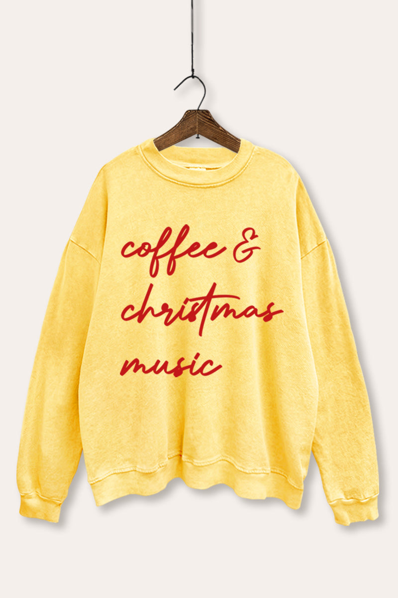 "coffee & christmas music" mineral wash graphic sweatshirt
