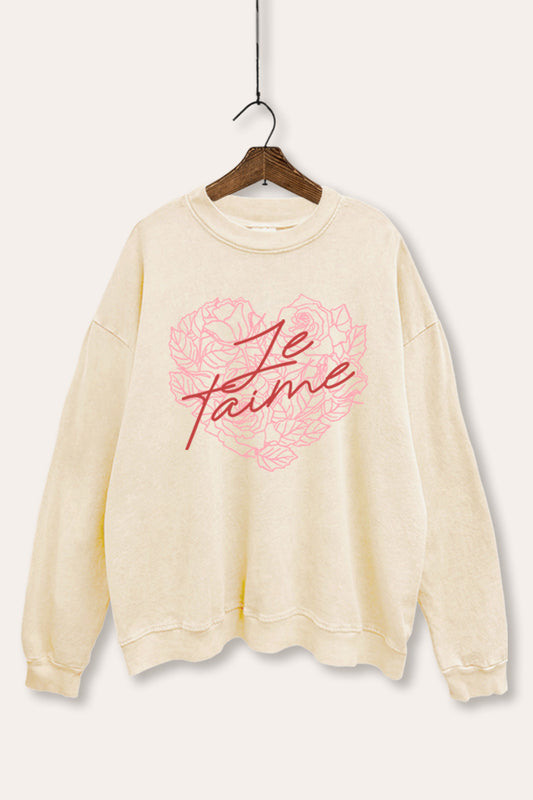"je t'aime" rose heart graphic mineral wash sweatshirt