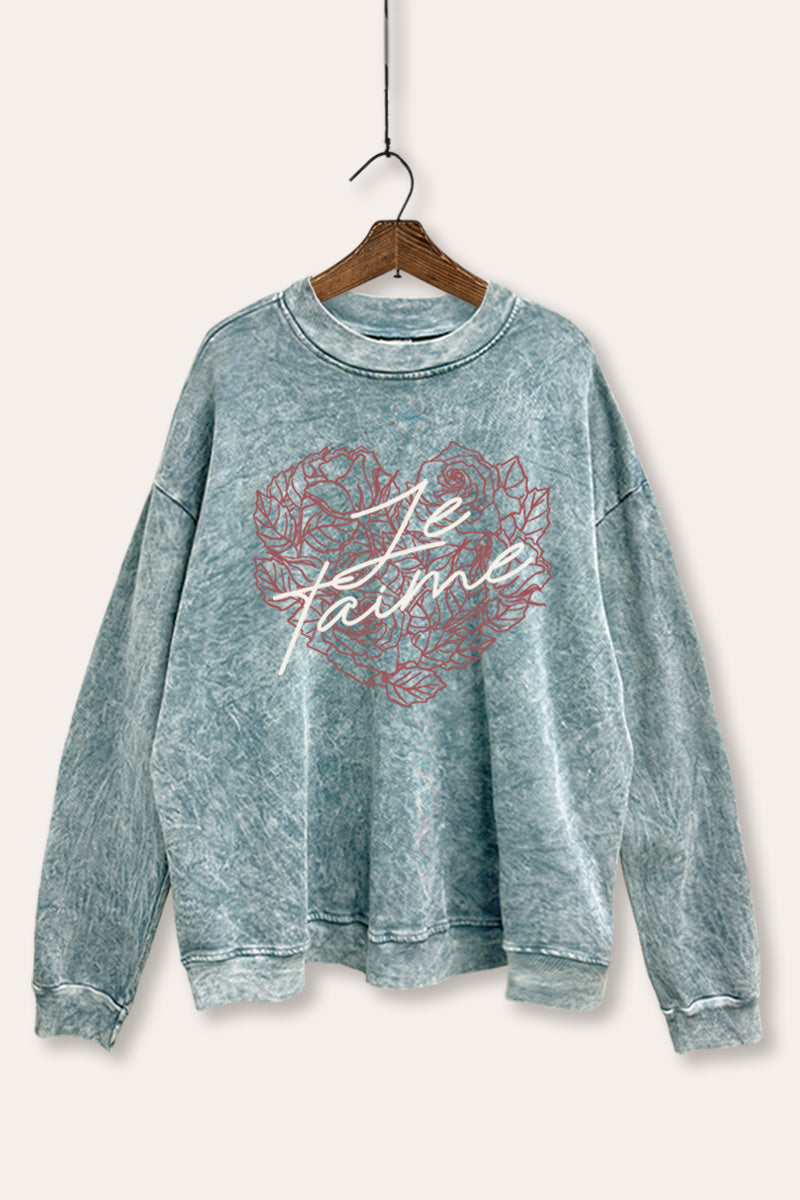 Je T'aime Rose Heart Graphic Mineral Wash Sweatshirt