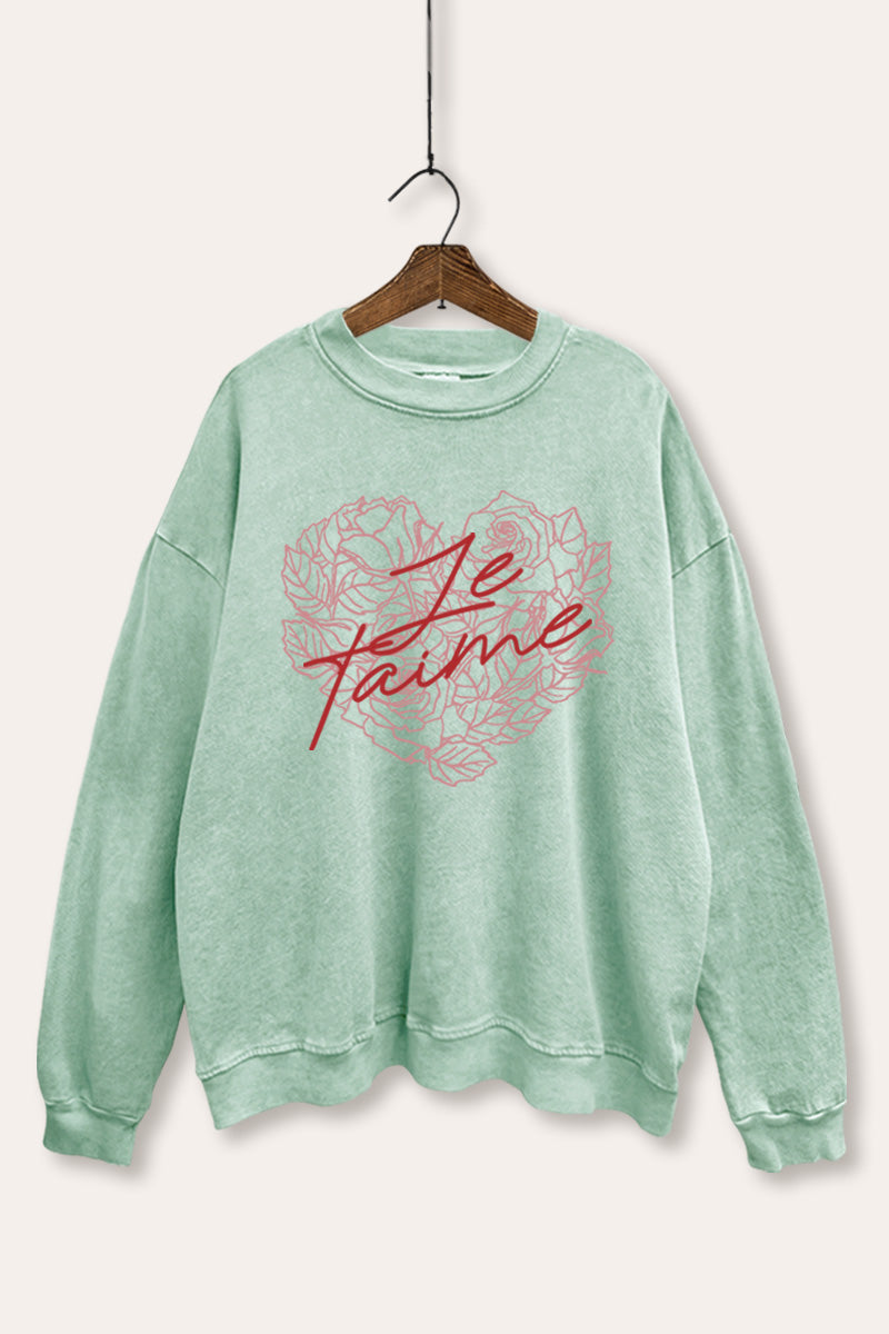 Je T'aime Rose Heart Graphic Mineral Wash Sweatshirt