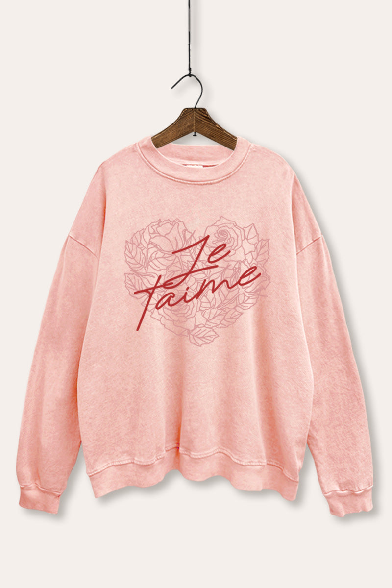 Je T'aime Rose Heart Graphic Mineral Wash Sweatshirt