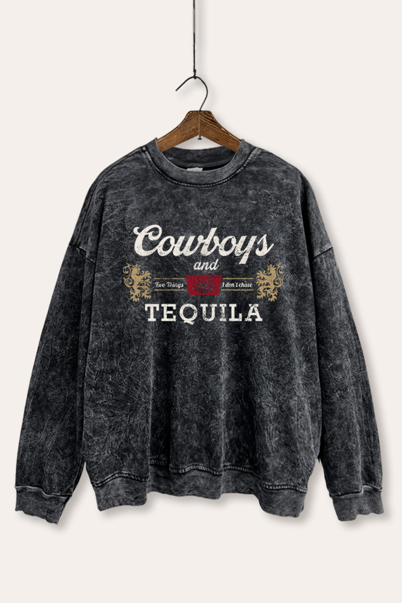 "cowboys & tequila" graphic mineral wash sweatshirt