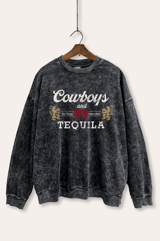 "cowboys & tequila" graphic mineral wash sweatshirt