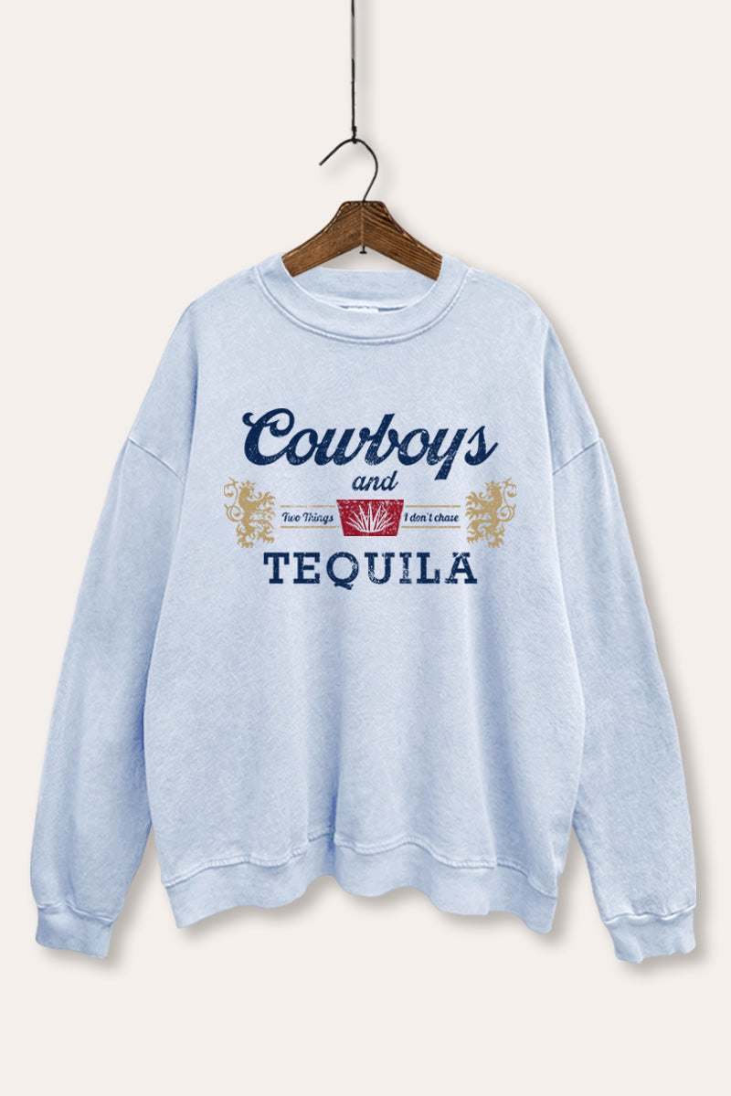 "cowboys & tequila" graphic mineral wash sweatshirt