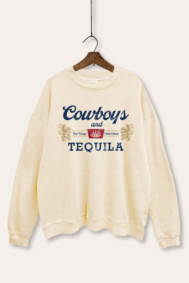 "cowboys & tequila" graphic mineral wash sweatshirt