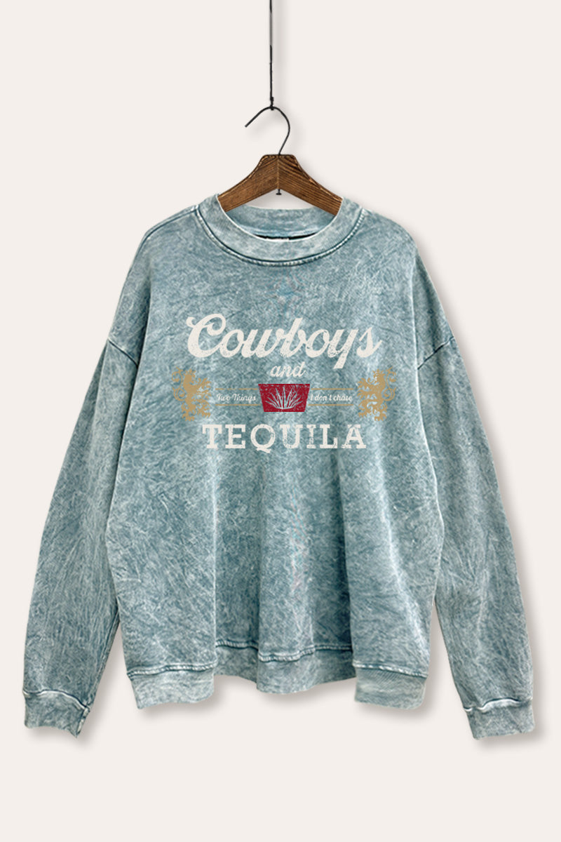 "cowboys & tequila" graphic mineral wash sweatshirt