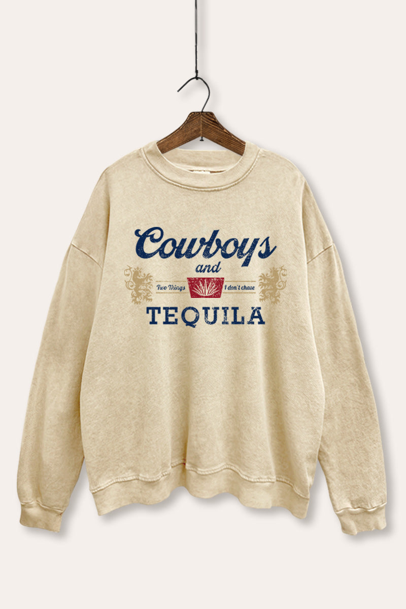 "cowboys & tequila" graphic mineral wash sweatshirt