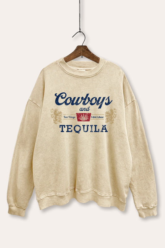 "cowboys & tequila" graphic mineral wash sweatshirt
