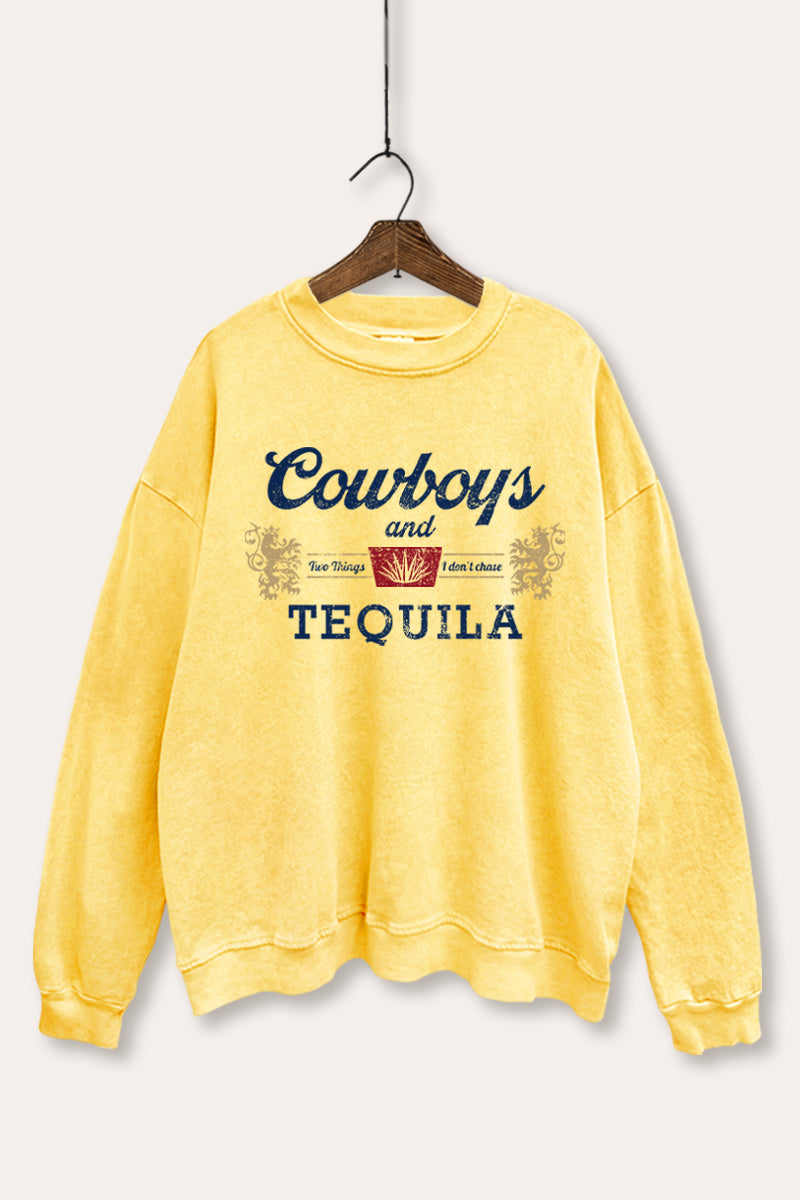 "cowboys & tequila" graphic mineral wash sweatshirt