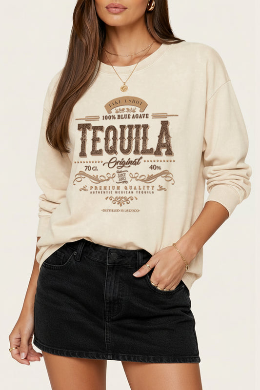Western Tequila Label Graphic Mineral Wash Sweatshirt